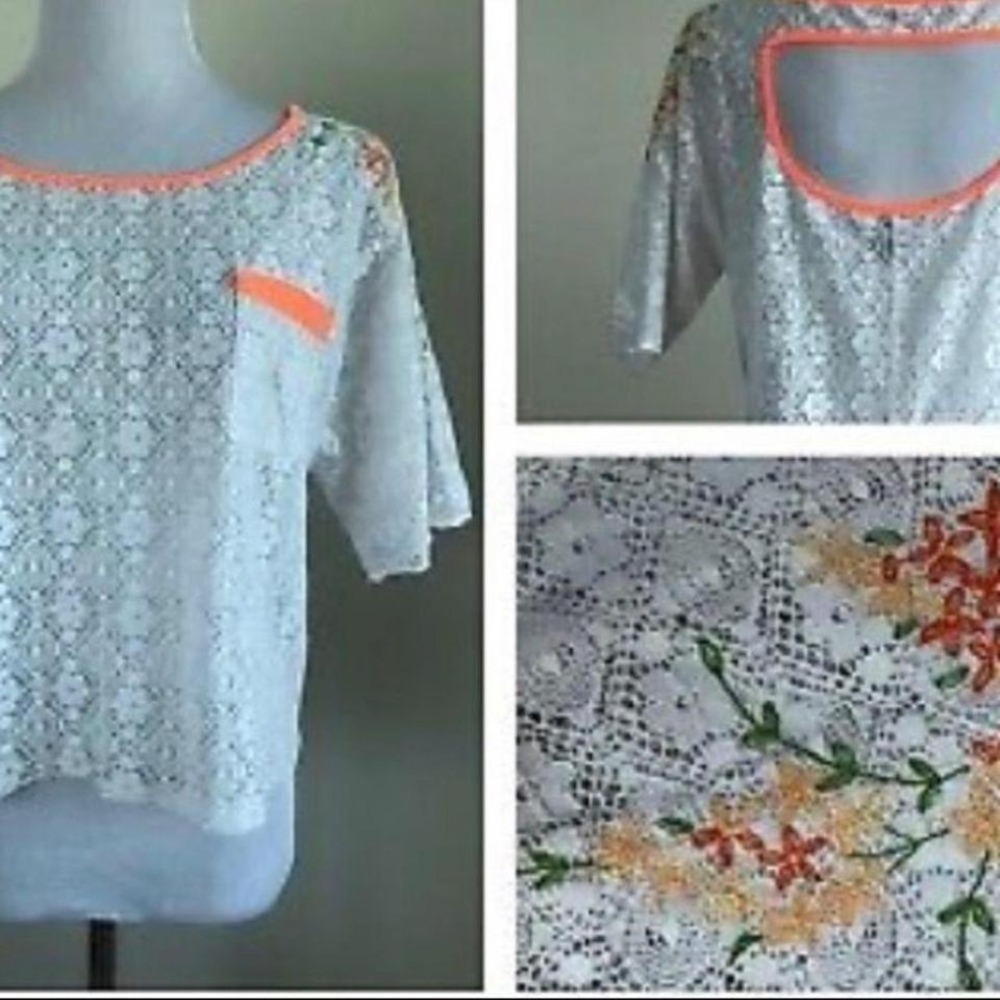 Free People Lace Embroidered Short Sleeved Top White Orange‎ Small